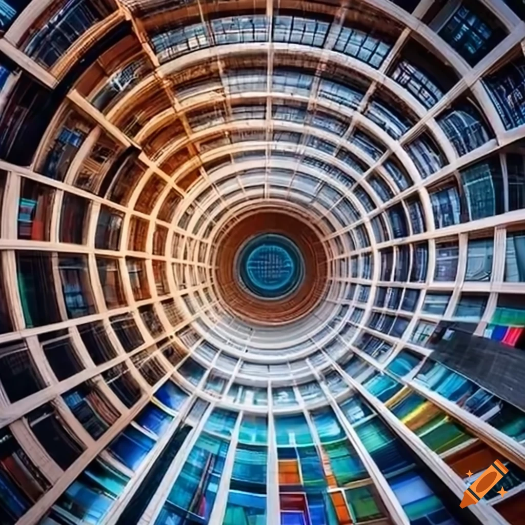 futuristic library with a colored circle in the center