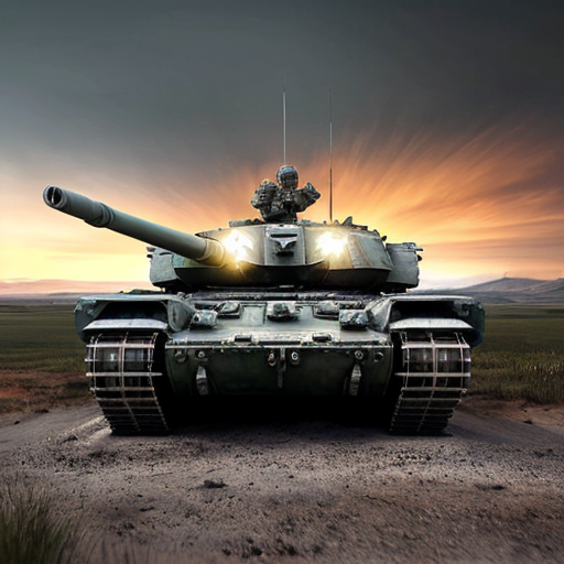 Realistic editorial image of a K2 GF main battle tank for a Polish defense article. Show the tank at dusk in a dramatic battlefield setting. Add subtle blue holographic tactical overlays around the tank to suggest a modern battlefield management system. Include a faint digital map grid, friendly unit markers, route lines, sensor icons, and a compact command interface near the turret. Keep the tank realistic and clearly visible. Emphasize steel armor, long main gun, rugged tracks, and military camouflage. Use moody lighting, strong rim light, and subtle screen-like reflections on the hull. Three-quarter front low-angle view, landscape 16:9, magazine hero image style.