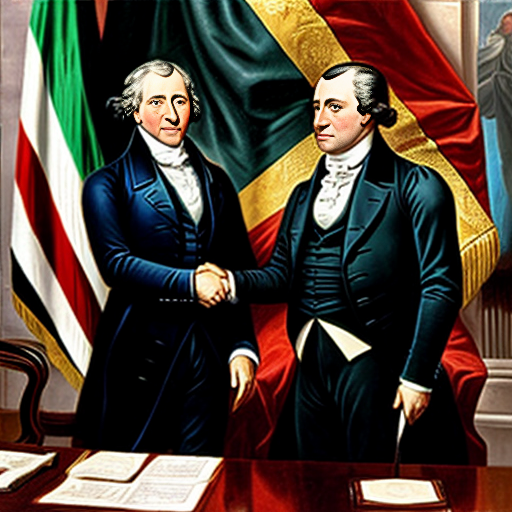 James Monroe (the 5th president of the United States of America) and Agustin de Iturbide (the Emperor/Head of State of the United Mexican States) Shake their hands as "Friends" with the United States flag from 1822 and the First Mexican Empire flag from 1822