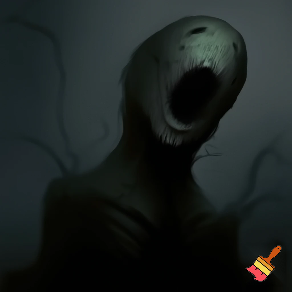Quiero generar una imagen de terror donde una entidad sin ojos emerge de la oscuridad. Su cuerpo está parcialmente cubierto por sombras, con la boca abierta en una expresión inquietante, como si estuviera observando directamente al espectador e invadiendo su espacio. La atmósfera debe transmitir una sensación de miedo y tensión, con iluminación tenue y un fondo sombrío que aumente el horror.