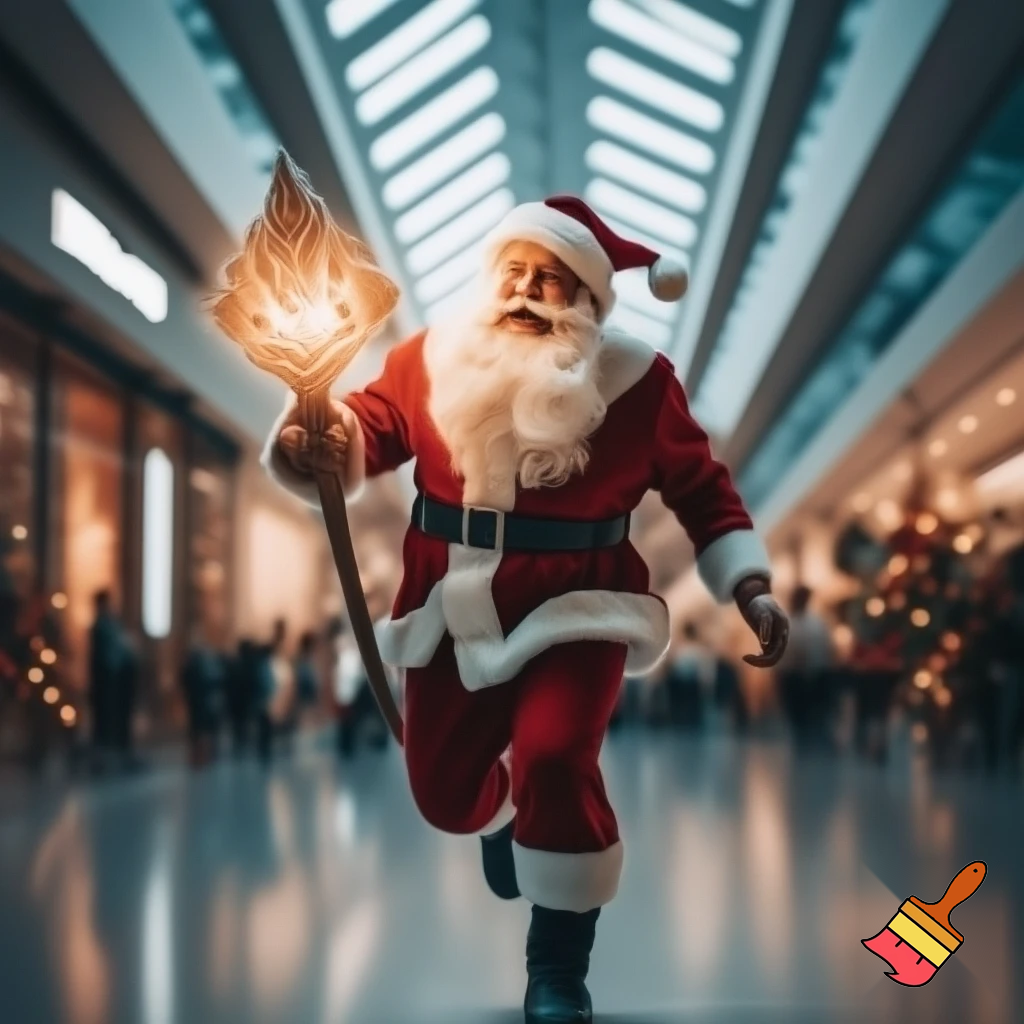 Santa Claus running with the walking stick running with his magic walking stick walking in the shopping centre with the walking stick magic staff walking stick