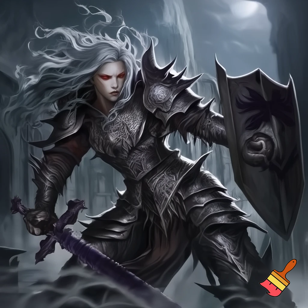 Pathfinder. dhampir female. heavy armor. Sword and shield. Gothic. High quality. Dynamic pose. White hair red eyes.