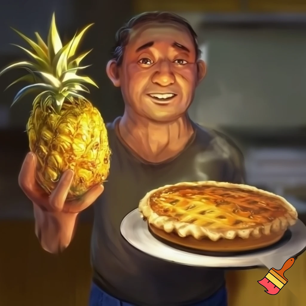 man holding a pineapple in his left hand and an pie in his right hand
