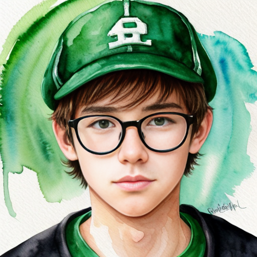  anime teenage boy with a green hat, green eyes, black glasses and a green jumper