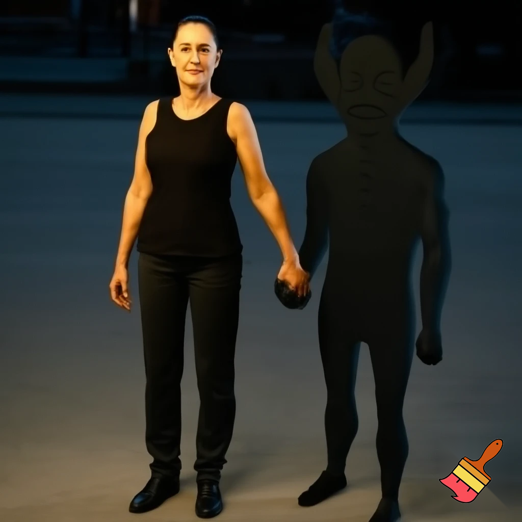 claudia sheinbaum holding hands with the devil and smiling, full body, 