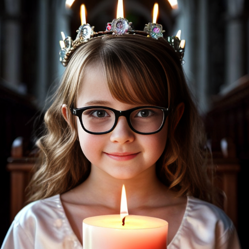 Cute adorable niña Chilindrina glasses con hair curly Blonde con corona Flores con verano elegante formal primera comunión sensual sexy con holding vela dé candela con altar con iglesia templó católico 4