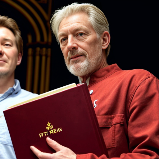 God holding a book with seven red seals on it and John looking up at him
