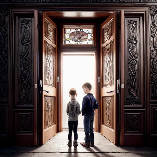 A door with weird mystical engravings and a girl and boy standing in front of it.