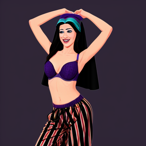 90's disney's 2d aladdin style comic dark blue background and panels of panel 1 the evil queen with purple and black striped harem pants and bra and purple curved slippers with both hand palms place together and hiding the bottom of her mouth with a purple and black striped veil wrapped around her arms and shoulders. 
panel 2 she danced with purple and black striped harem pants barefoot with purple and black striped bra and purple curved slippers and purple and black striped veil wrapped around her arms and shoulders and raising legs and bounced up and down her belly and shook her hips left and right. 
panel 3 as the evil queen  with purple and black striped harem pants and bra and purple curved slippers with purple and black striped veil wrapped around her arms and shoulders then spreading her arms, happily revealing her face to the viewer and giving a smile as she  shook her belly left and right. 
Panel 4 the evil queen  with purple and black striped harem pants and bra and veil wrapped around her shoulders and arms with purple curved slippers started to fading away , except her belly, which is bouncing around. 
Panel 5 then the ball transforms into the fading in belly of shego with rainbow striped harem pants and bra and rainbow veil wrapped around her arms and shoulders and red and pink curved slippers with her swaying her hips. 
Panel 6 shego  with rainbow harem pants and rainbow bra and rainbow veil wrapped around her arms and shoulders and with red and pink curved slippers and with her hand palms place together between her chest and she gives a smile and winking her left eye.  