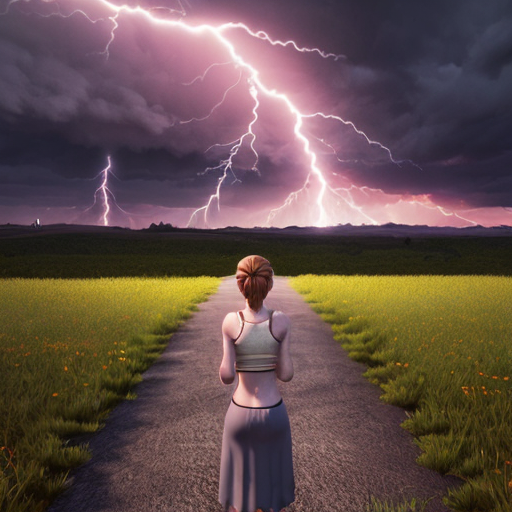 Lily Lowbraid from Poppy Playtime 5, standing upright, low-angle perspective, looking directly at tiny viewer (lilliput scale), one hand flat on the ground, palm naturally resting, fingers slightly spread, dramatic purple lightning sky, road and grass environment, realistic PS5-style graphics, photorealistic, highly detailed