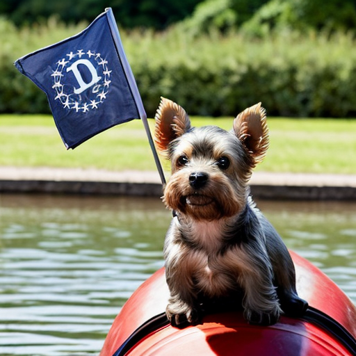 A tiny cute Yorkshire terrier waiving a flag with the letters DC riding a cute hippopotamus
