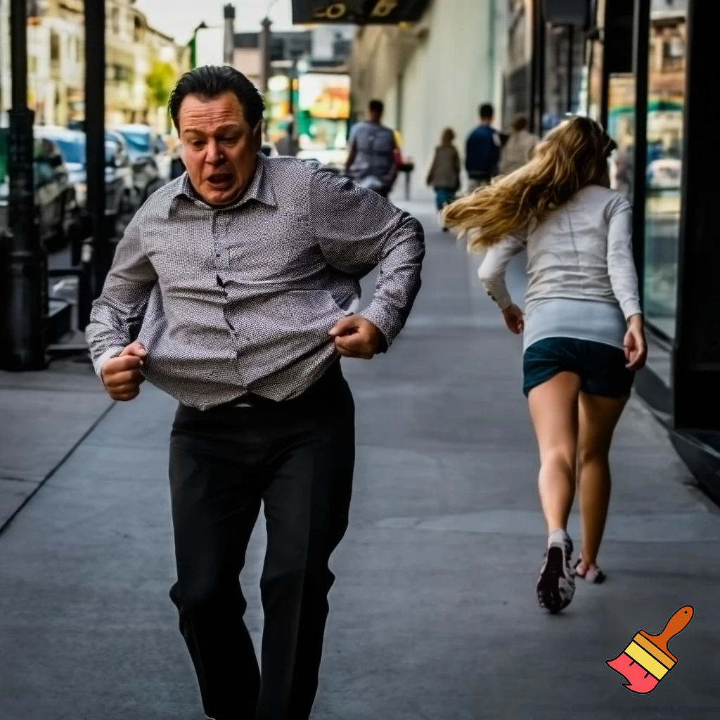 BIG FAT MIDDLE AGED MAN WHO CAN'T FIT IN HIS SHIRT CHASEING A YOUNG SLENDER WOMAN