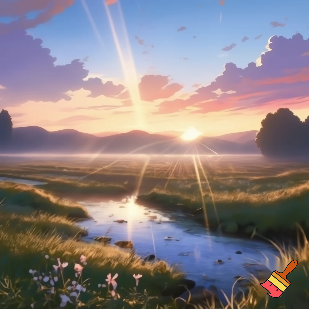 peaceful sunrise in a meadow or brook