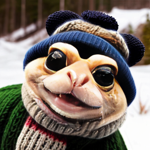 A laughable, puzzled animal toad in woolen, multicoloured winter clothings with woolen winter cap. Hyperrealistic art style.