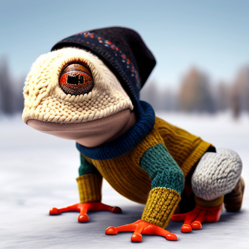 A laughable, puzzled animal toad in woolen, multicoloured winter clothings with woolen winter cap. Hyperrealistic art style.