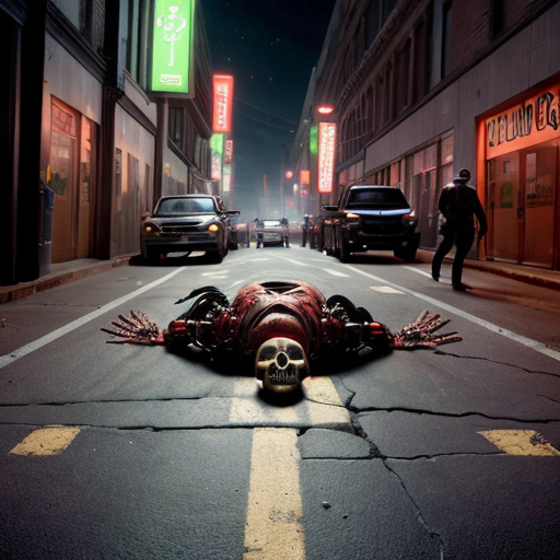 a rain-slicked city street at night, neon signs flickering through the haze as twisted biomechanical abominations shamble between overturned cars and shattered storefronts. These grotesque humanoid hybrids fuse pulsating organic tissue with rusted plating, their exposed muscle fibers writhing around hydraulic pistons, dripping blackened oil and viscera onto the cracked asphalt. Hazmat-suited figures scramble in the background, their glowing containment units casting an eerie green light on a bisected robot corpse—its still-twitching upper half dragging itself forward using torn intestinal cords as grappling hooks. Half-melted faces stretch across metal skull frames, jaws unhinging vertically to release guttural steam hisses as they clutch eviscerated human torsos like gruesome shopping bags. A towering construct with six spinal columns fused into a centipede-like tail crushes a streetlight underfoot, its dozen mismatched eyes reflecting the distant explosion ripping through the quarantine zone's barricades