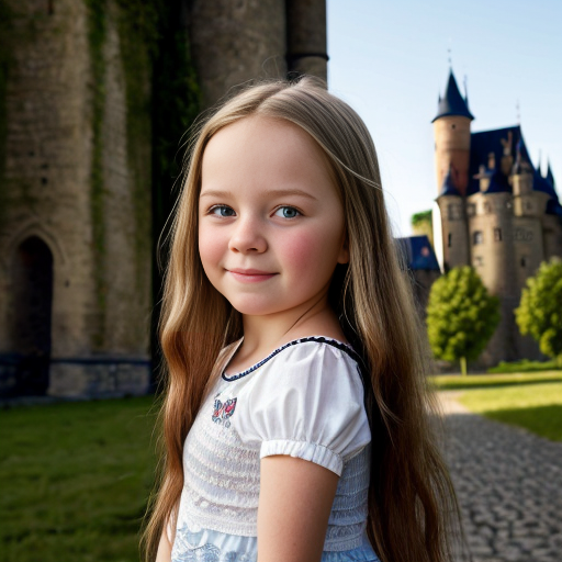swedish little girl, long hair, castle background