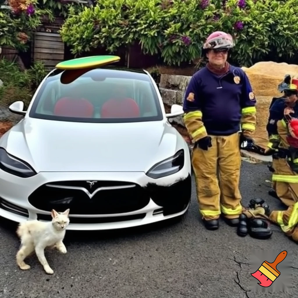 A fireman with a white cat with a Tesla and a surfboard on the roof