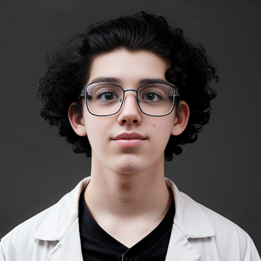 a teenager mad scientist boy with black curly hair