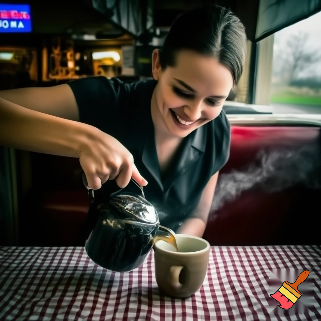 A small roadside diner. A beautiful waitress leans over to pour coffee into a customer's cup at a table. The waitress smiles. Photorealistic. 9x16