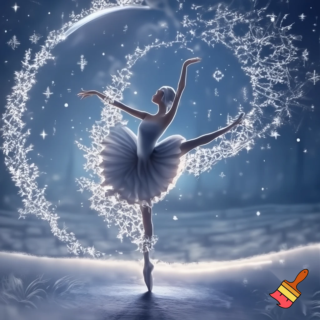 Красивая балерина во весь рост , её  тело в сказочных снежинках