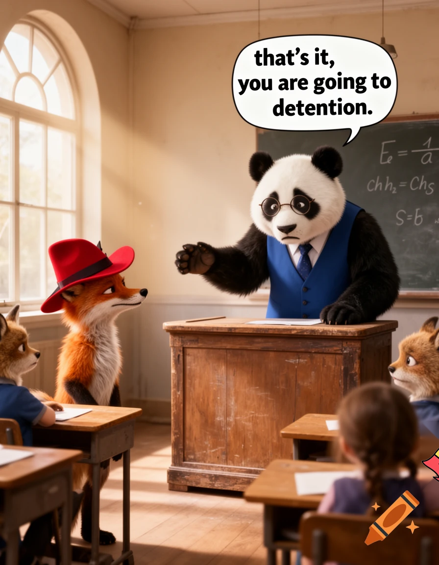 the panda teacher saw what the fox with the red hat did and he say thats it you are going to detenshen