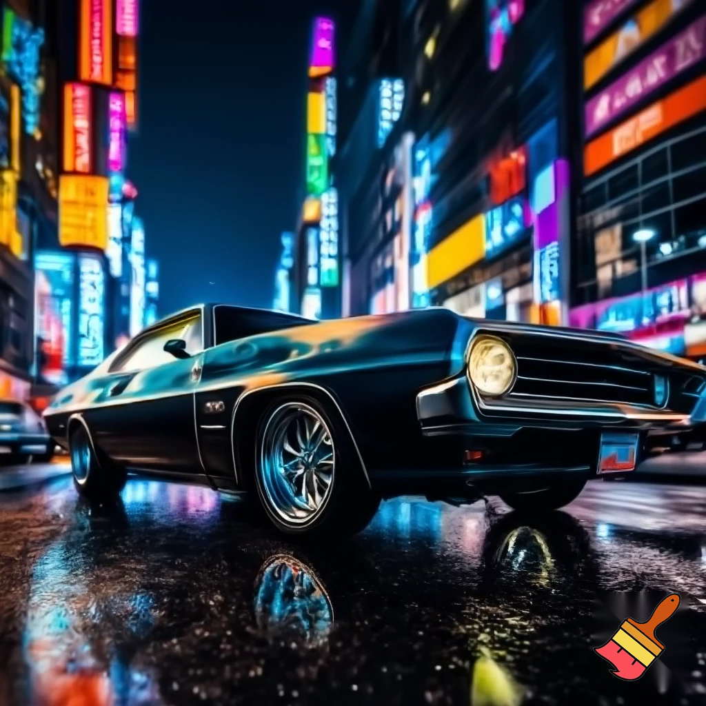 car in a neon city