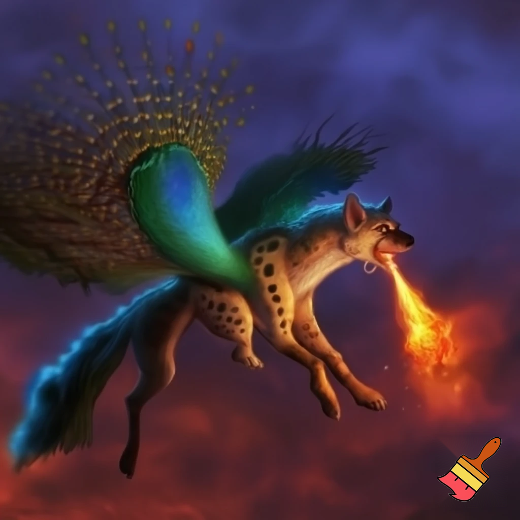 Half peacock half hyena flying with a blowtorch