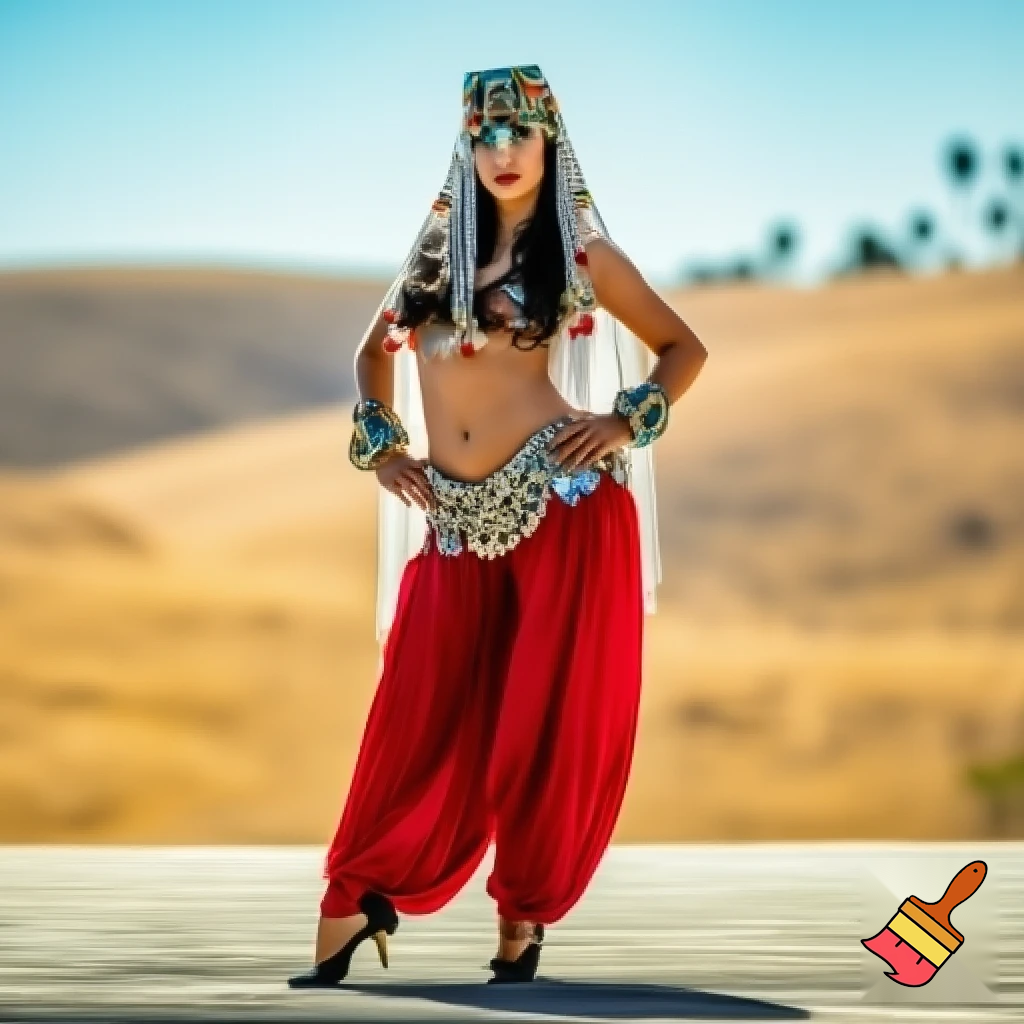 Attractive Moroccan woman wearing a headpiece, a veil, ornate cuffs, a bejeweled bra, a coin belt, harem pants and ballroom dance shoes in California 