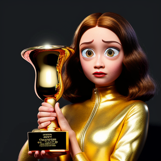 the emotion proud one person gold holding trophy Pixar cartoon style gold skin big eyes 