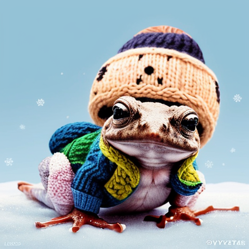 A laughable, puzzled animal toad in woolen, multicoloured winter clothings with woolen winter cap. Hyperrealistic art style.