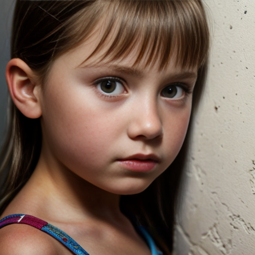 A girl aged 8-11, with siren eyes and short, brown hair