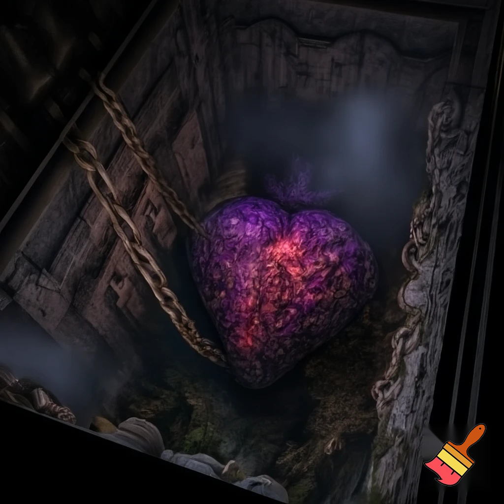 epic Minecraft interior, a colossal imprisoned energy heart made of amethyst and crying obsidian, held by massive iron chains in a deepslate temple, glowing redstone pulse, ancient broken machinery half-buried in walls, cinematic dark fantasy, volumetric fog, isometric