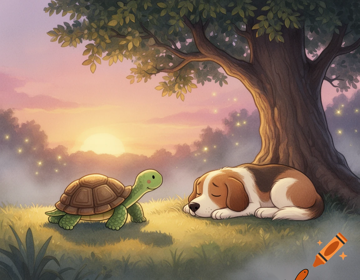 Turtle walking slowly and confidently while dog sleeping under a tree, evening light, peaceful cartoon scene, kids story style