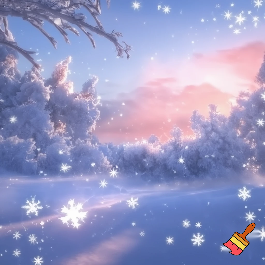 snowy woodland, filled with the light of dawn, sparkling snow
