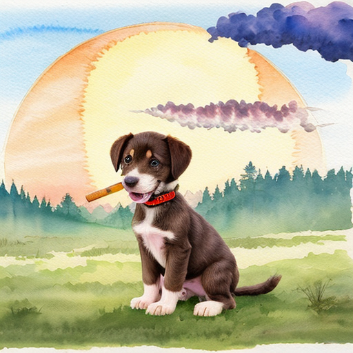 Roztomilé hnědé štěně drží v tlamě  lehce kouřící klacík, stojí proti zapadajícímu slunci, kolem louka a les. Kouř tvoří jemný obláček. Pohádková ilustrace, měkké světlo, dětský akvarel, hravá atmosféra.