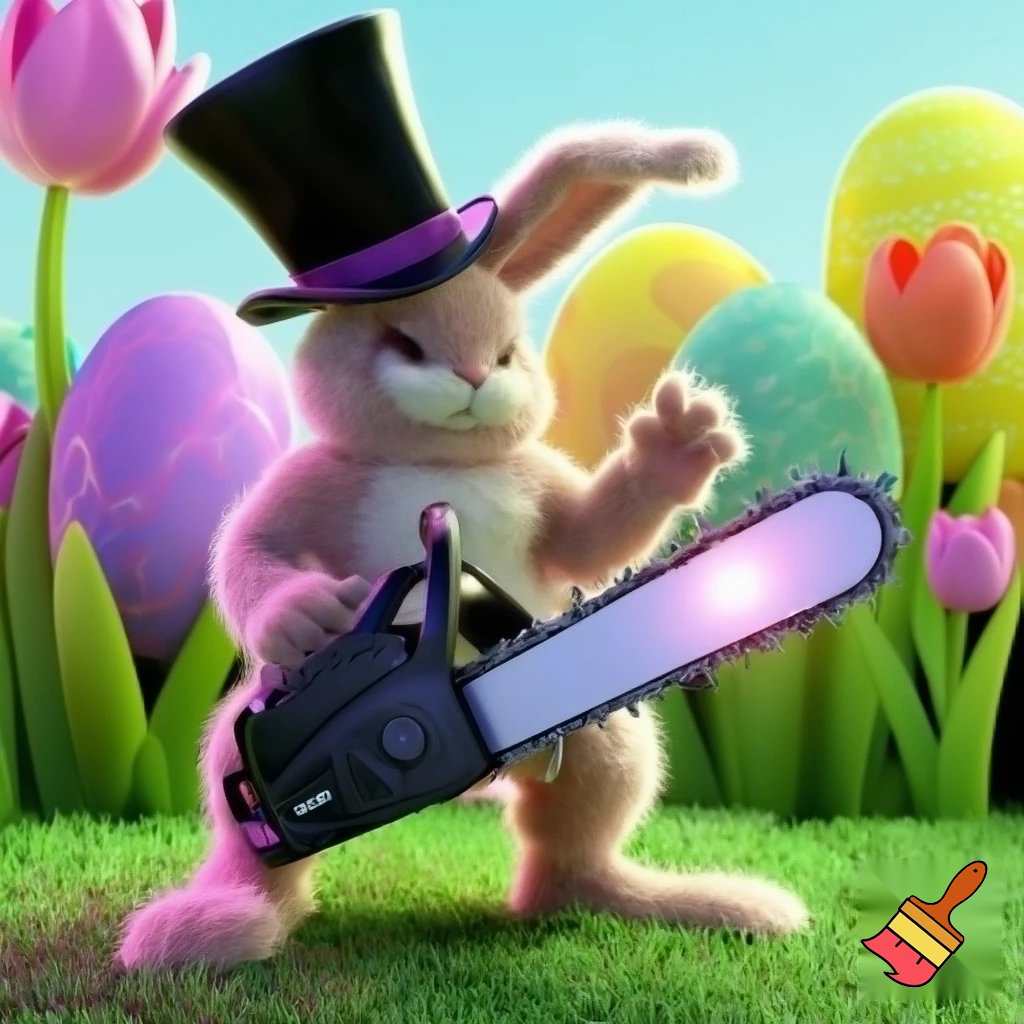 Easter bunny mascot top hat costume with a chainsaw