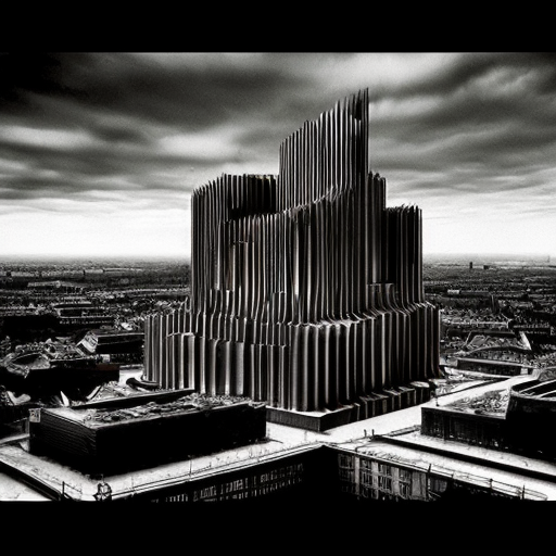 City inspired in the german expressionism architecture, exagerated forms, surreal buildings and deformed lines. Dark tone