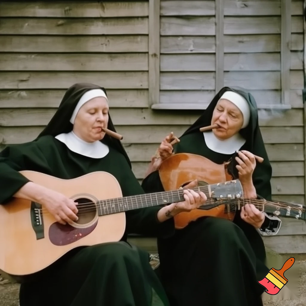 A picture on 2 Nuns smoking cigars called the 'Stogie Sisters'. Its for a duet band playing acoustic guitars.