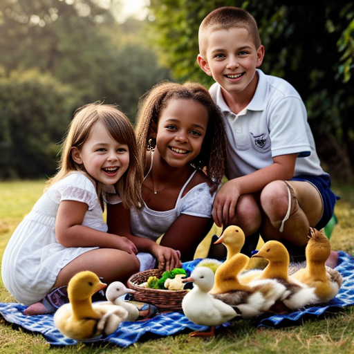 Two grown-ups, one big girl, little twin brothers Danny and Suzy and big sister's pet five little ducks having a picnic.