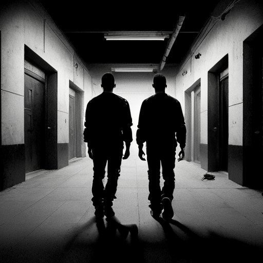 Two young adult brothers, slightly older than teenagers, standing back-to-back, looking forward in a gritty urban setting. They have North African features and wear casual, slightly worn street clothes. Each holds only one pistol, symbolically, representing strength, loyalty, and brotherhood. Stylized, semi-realistic illustration in black and white, cinematic lighting, moody and dramatic atmosphere. Iconic, emblem-like composition suitable for a clothing brand logo. Focus on attitude and symbolism, not realistic violence. Slightly exaggerated, graphic illustration style