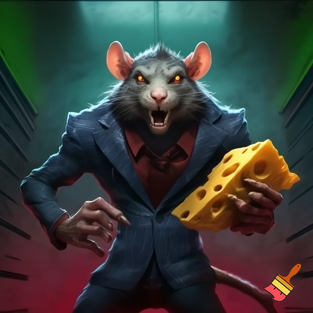Strong rat, cheese in hand, mugshot evil with suit rat