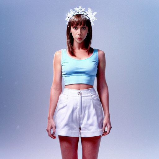 jennifer love hewitt as Jackie frost blue skin blue bod y naked brown hair bangs on her forehead her skin tirns ice blue body legs who wears a light blue sleeveless crop top , an icicle skirt, shorts snowflake tiara. background of snow wears high heels