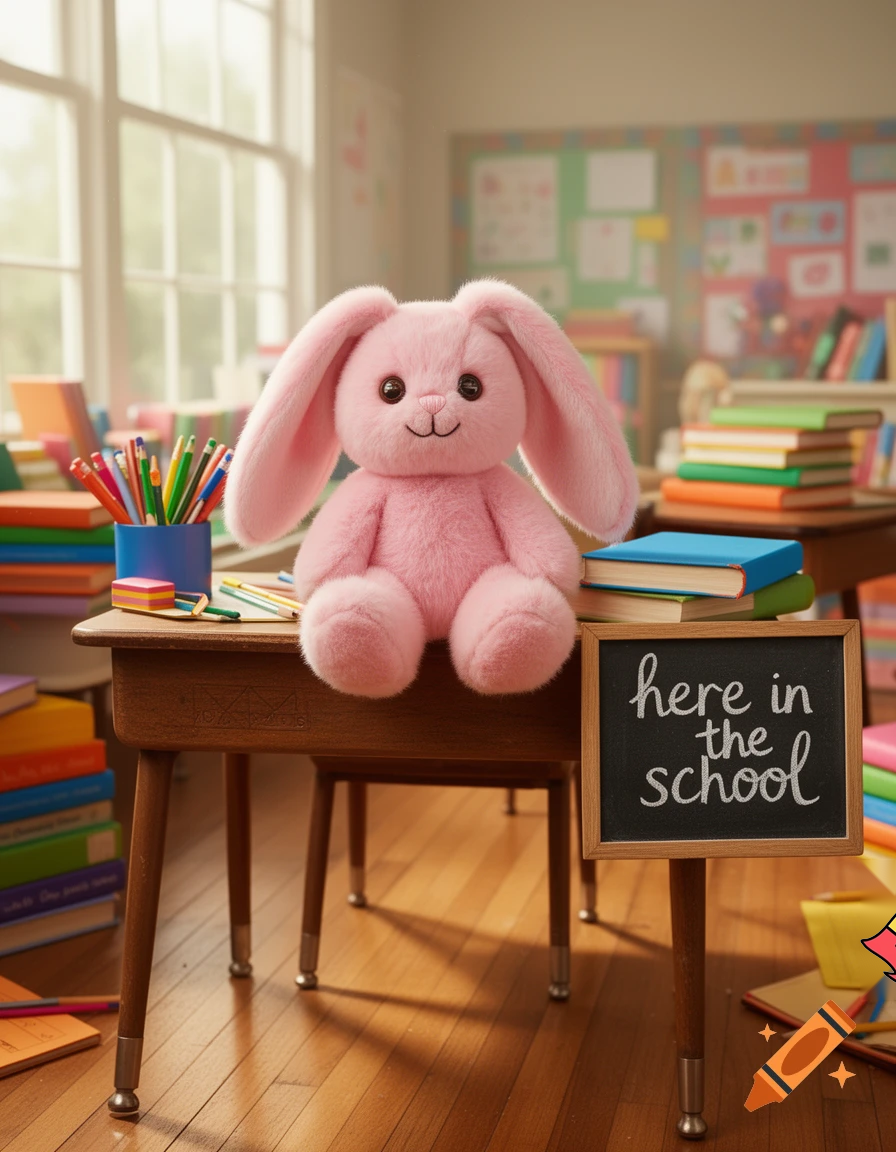 pink bunny says here in the school