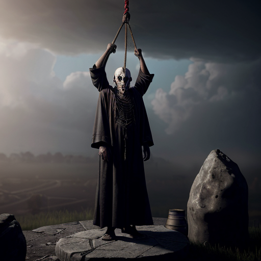 Photorealistic dark fantasy crypt. A gaunt, pale man in black robes stares at a fleshy, grotesque sack hanging from a rope. A winged, horned demon perches on a stone ledge behind him. Ruined stone floor with rubble, broken pots, and low-lying fog. Cinematic volumetric lighting, macabre gothic horror style, 8k resolution
