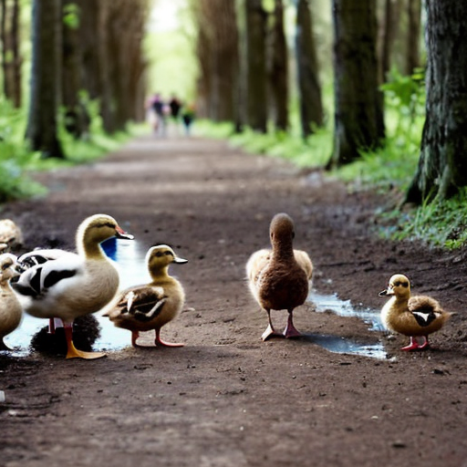 Mother duck and five little ducks go in for a walk in the forest