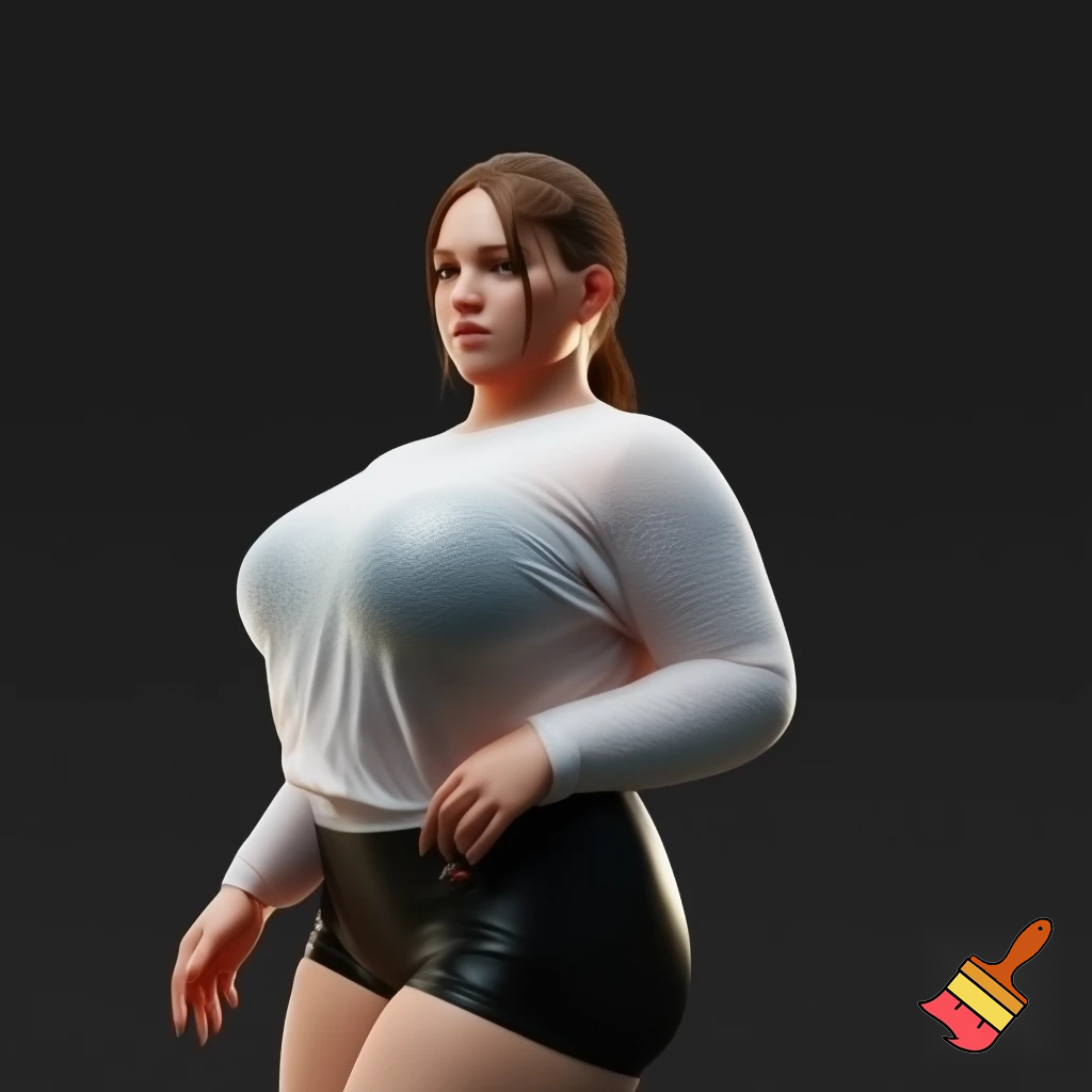 A beautiful, curvy adult woman, wearing a soaking wet, transparent white long-sleeved shirt and tight black shorts, has her hair tied back. Highly detailed and realistic, with a focus on the texture of the wet, translucent fabric and the sweat glistening on her curves. Photorealistic.