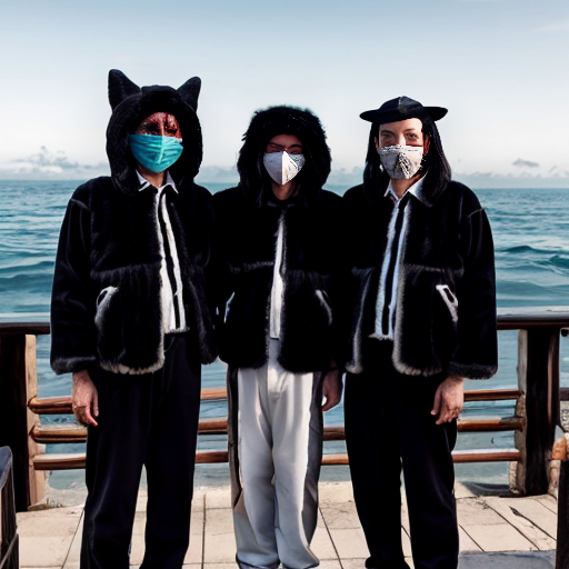 3 witch doctors with long furry black jackets and white face mask with hallow black  eyes and dressed with pants with messy hair next to the sea 