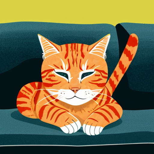 A fluffy orange cat sleeping on a sofa, peaceful expression, warm cosy colours in cartoon style