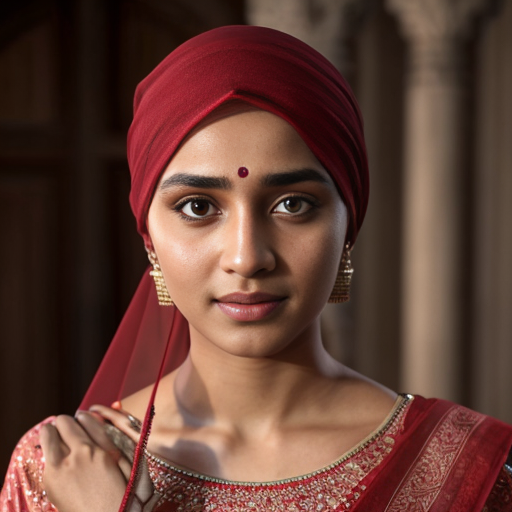 A russian handsome boy with pale skin blonde hair and blue eyes, wearing a suit,tall 188 cm staning with a Bangladeshi girl with warm skin dark eyes, wearing a red wedding full cover lehenga with hijab, 168 cm tall,  wefding scene